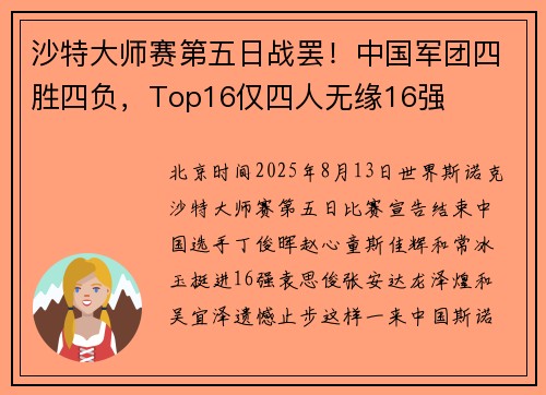 沙特大师赛第五日战罢!中国军团四胜四负,Top16仅四人无缘16强 沙特大师赛第五日战罢!中国军团四胜四负,Top16仅四人无缘16强